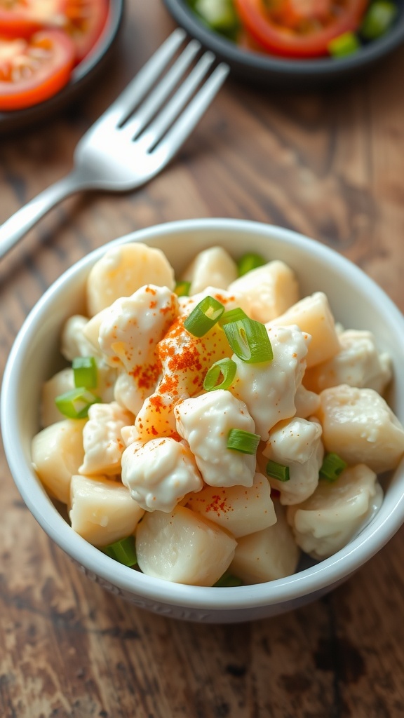 A small bowl of creamy potato salad with celery and green onions, garnished with paprika.
